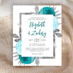 Lámina Invitación de boda floral turquesa plateada económ