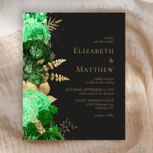 Lámina Invitación de boda floral verde dorada oscura econ