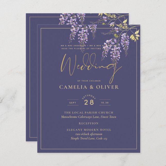 Lámina Invitación de boda floral WISTERIA púrpura dorada  (Anverso / Reverso)