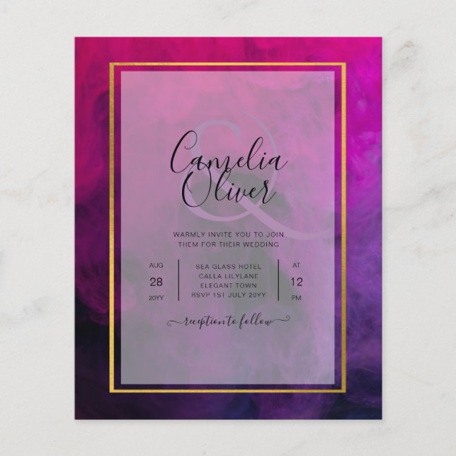 Lámina InVITACIÓN DE Boda Intensa Magenta Pluma Púrpura (Anverso)