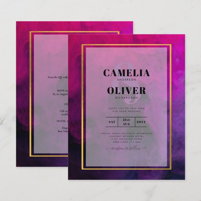 Lámina InVITACIÓN DE Boda Intensa Magenta Pluma Púrpura (Anverso / Reverso)