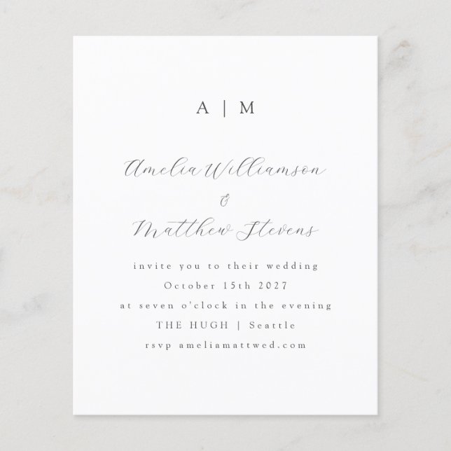 Lámina Invitación de boda minimalista blanca con monogram (Anverso)