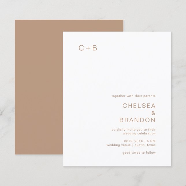 Lámina Invitación de boda moderna con monograma marrón y  (Anverso / Reverso)