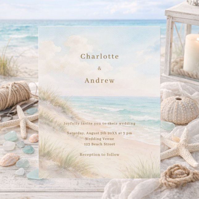 Lámina Invitación de boda moderna de acuarela de playa co (Subido por el creador)