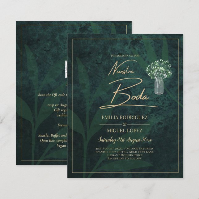 Lámina Invitación de Boda Moderna de Oro Verde Esmeralda  (Anverso / Reverso)
