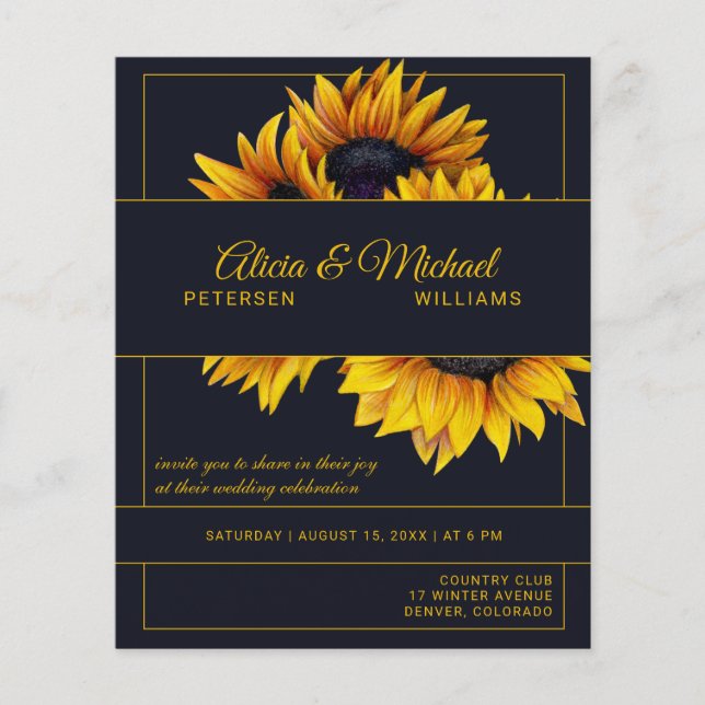 Lámina Invitación de boda moderna navy oro girasoles (Anverso)
