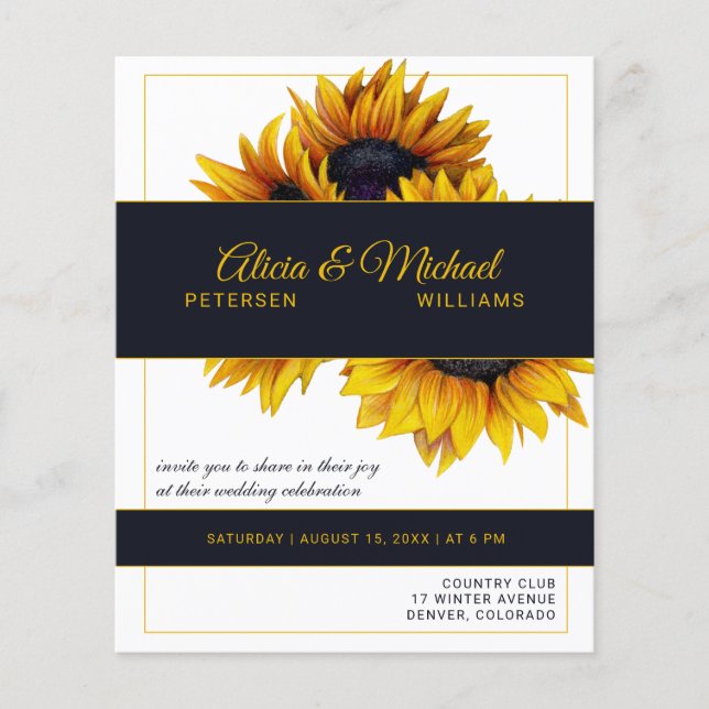 Lámina Invitación de boda moderna navy oro girasoles (Anverso)