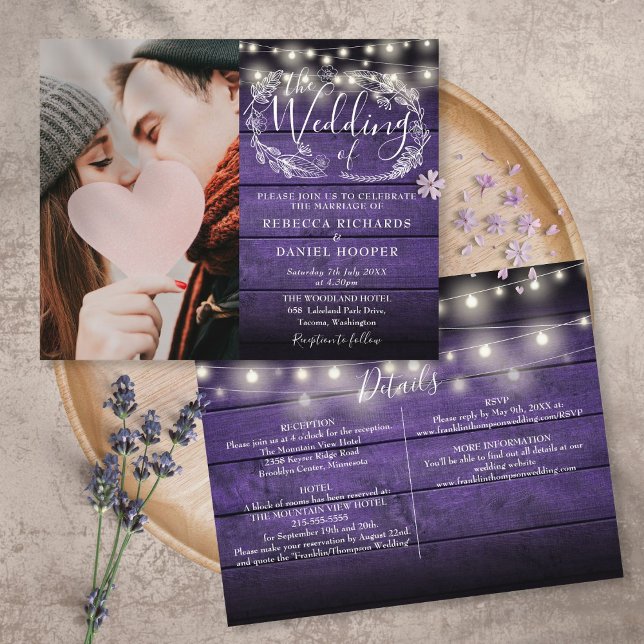 Lámina Invitación de boda morada con foto todo en uno Pre (Subido por el creador)