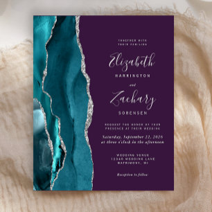 Lámina Invitación de boda morada plata ágata azul turques