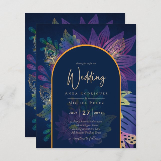 Lámina INVITACIÓN de Boda Navy Púrpura Dorado TONOS JOYA  (Anverso / Reverso)