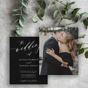 Lámina Invitación de boda negra con guión chic de foto de