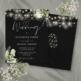 Lámina Invitación de boda negra con luces florales económ