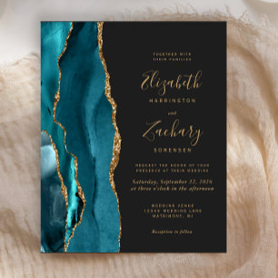 Lámina Invitación de boda oscura con ágata dorada y turqu