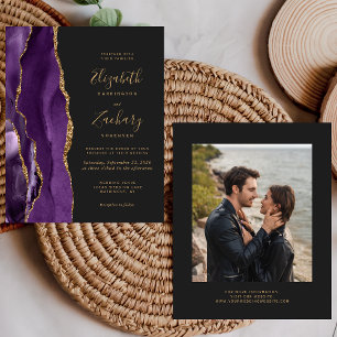 Lámina Invitación de boda oscura con foto de ágata dorada