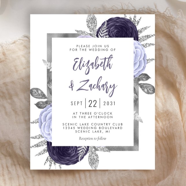 Lámina Invitación de boda plateada con flores polvorienta (Subido por el creador)
