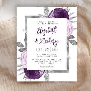 Lámina Invitación de boda plateada con flores púrpuras de
