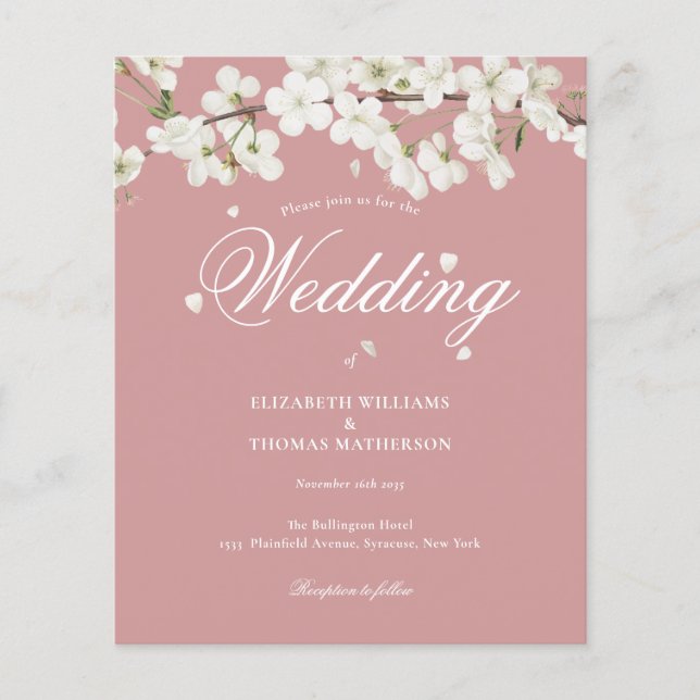 Lámina Invitación de boda polvorienta rosa con capullo de (Anverso)