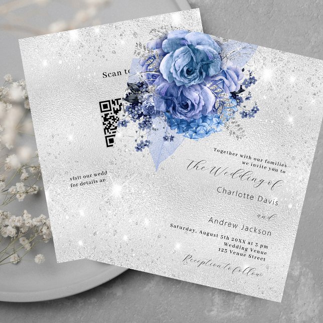 Lámina Invitación de boda QR RSVP azul plateado (Subido por el creador)