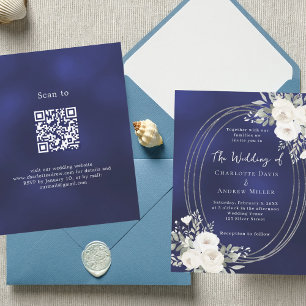 Lámina Invitación de boda QR RSVP de flores blancas azule