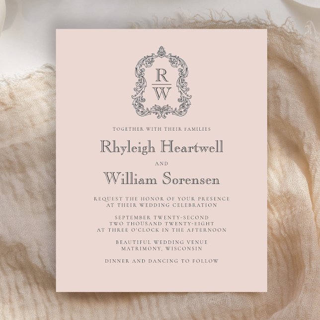 Lámina Invitación de boda rosa con cresta de monograma de (Subido por el creador)