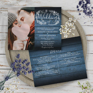 Lámina Invitación de boda rústica azul todo en uno para p