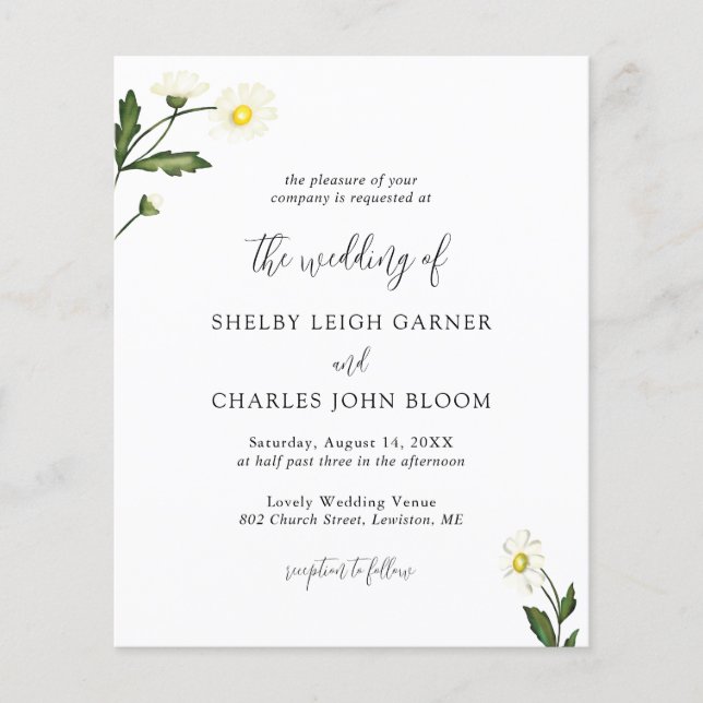 Lámina Invitación de boda rústica con flores de margarita (Anverso)