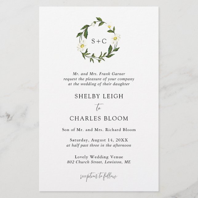 Lámina Invitación de boda rústica con flores de margarita (Anverso)