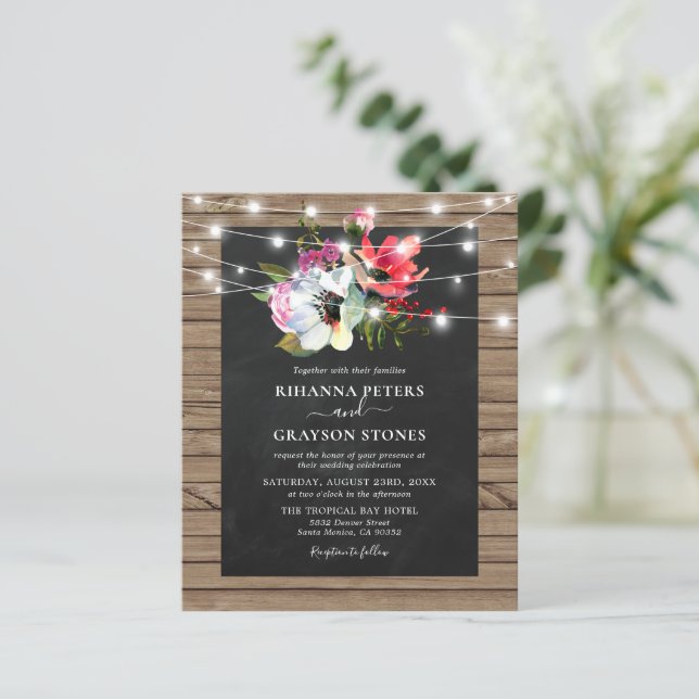 Lámina Invitación de boda rústica con luces florales pres (Anverso de pie)
