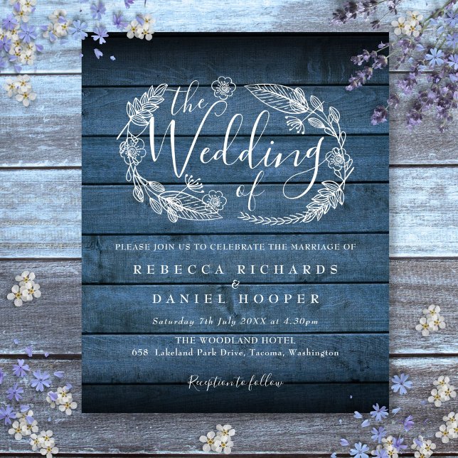 Lámina Invitación de boda rústica de madera con follaje a (Budget Blue Rustic Wood Foliage Wedding Invite
)