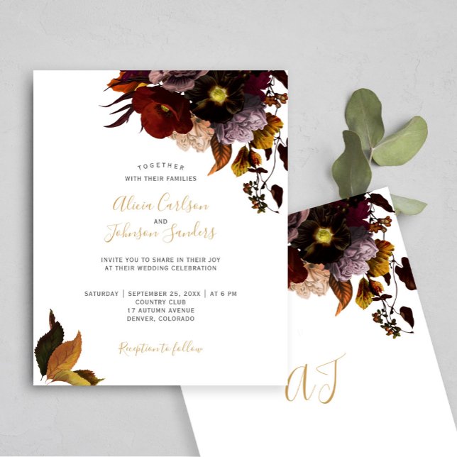 Lámina Invitación de boda rústica floral de otoño Borgoña (Subido por el creador)