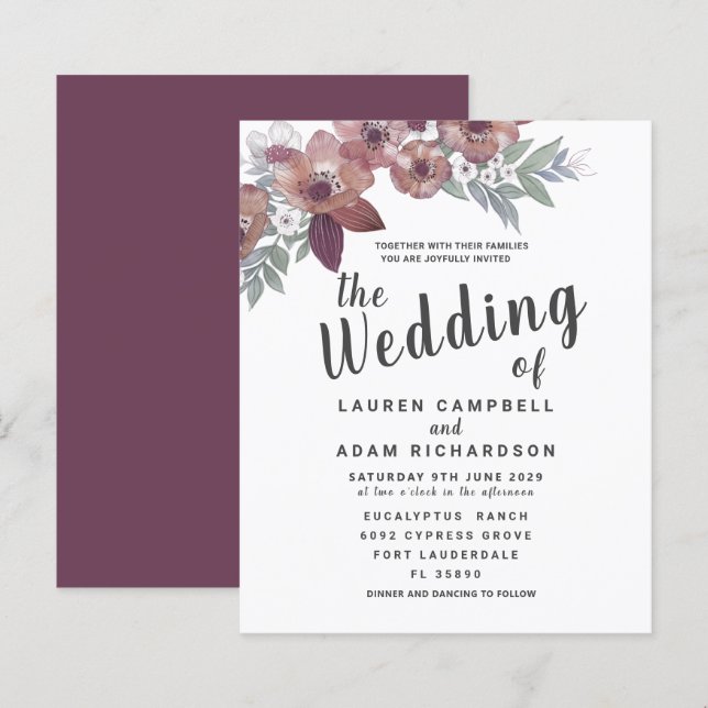 Lámina Invitación de boda rústica roja de Borgoña con pre (Anverso / Reverso)