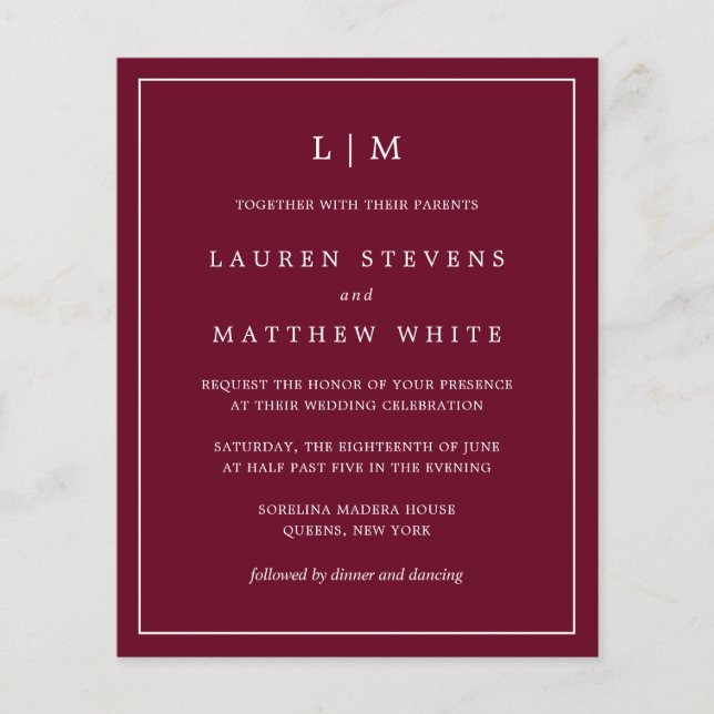 Lámina Invitación de boda sencilla con monograma de Burde (Anverso)