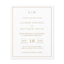 Invitación de boda sencilla con monograma dorado a