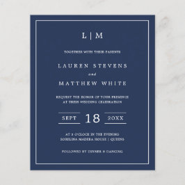 Lámina Invitación de boda sencilla con monograma en azul