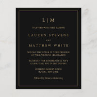 Invitación de boda sencilla negra y dorada económi