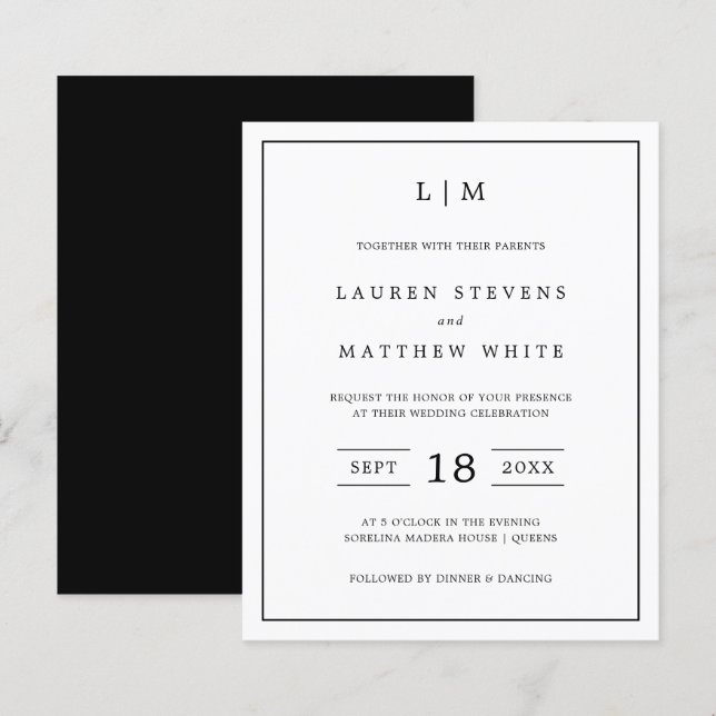 Lámina Invitación de boda simple en blanco y negro con pr (Anverso / Reverso)
