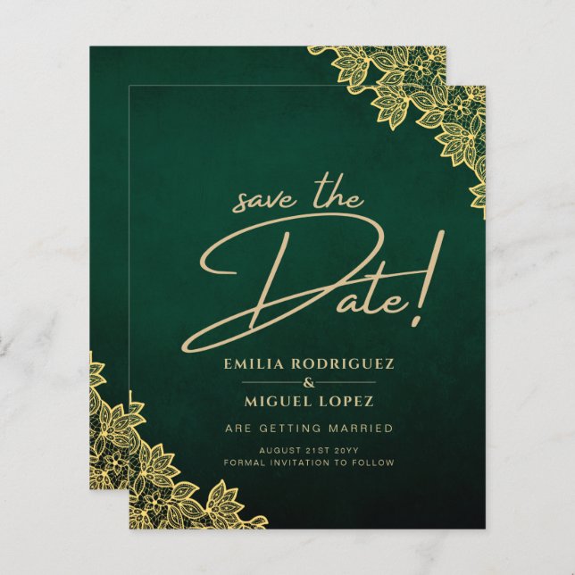 Lámina Invitación de boda todo en uno verde esmeralda con (Anverso / Reverso)