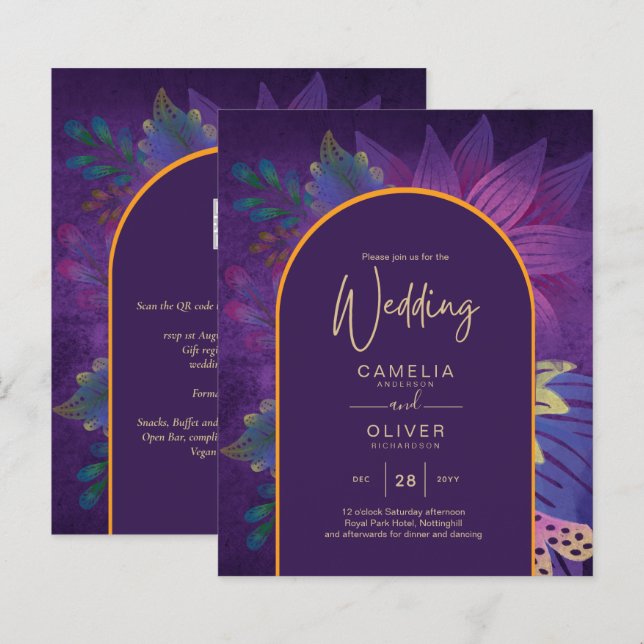 Lámina INVITACIÓN de BODA tonos JOYA Morado Oro Plum Leah (Anverso / Reverso)