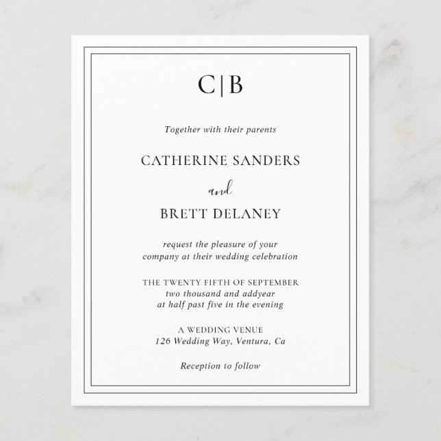 Lámina Invitación de boda tradicional en negro y blanco c (Anverso)
