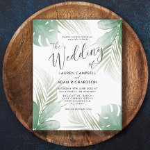 Invitación de boda tropical con acuarela económica