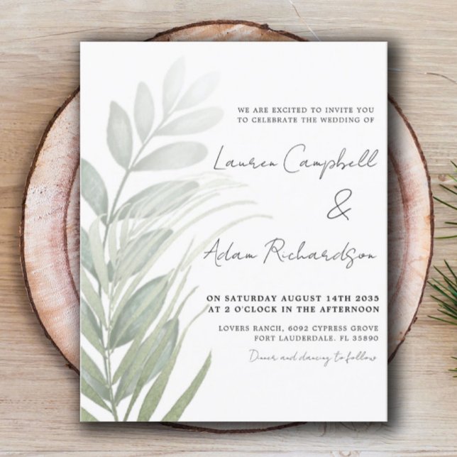 Lámina Invitación de boda verde con follaje simple y pres (Subido por el creador)