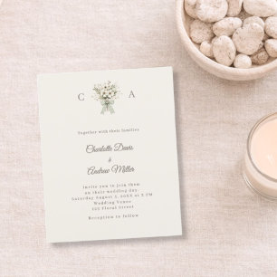 Lámina Invitación de boda verde con monograma floral de m