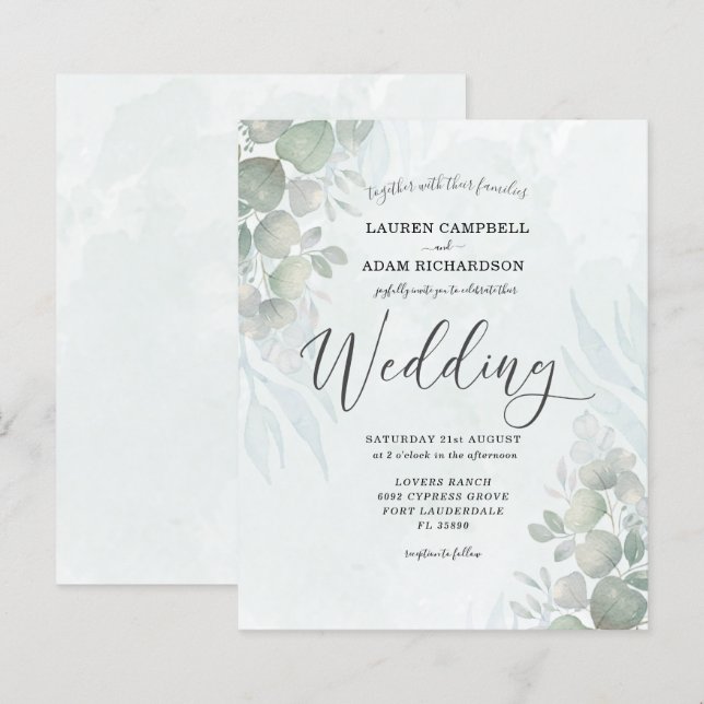 Lámina Invitación de boda verde de eucalipto salvia presu (Anverso / Reverso)