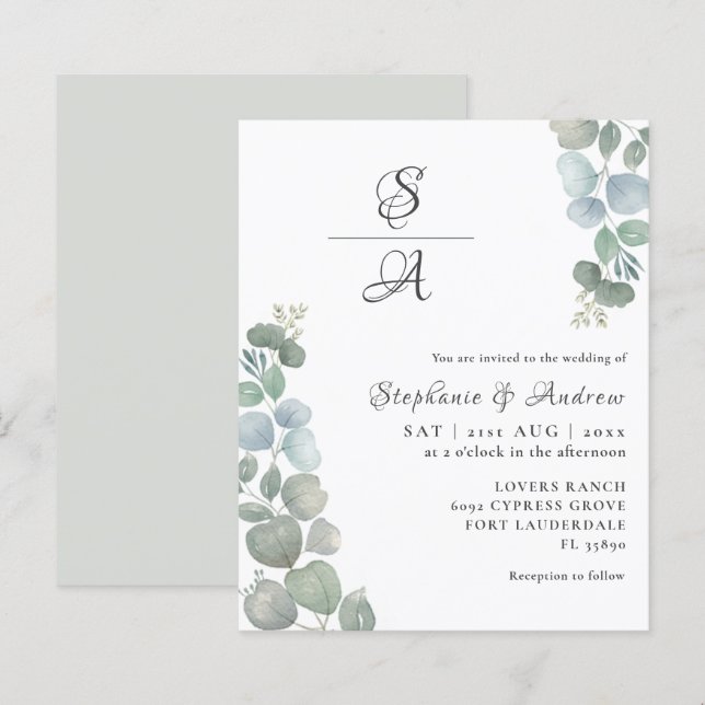 Lámina Invitación de boda verde de eucalipto y salvia con (Anverso / Reverso)
