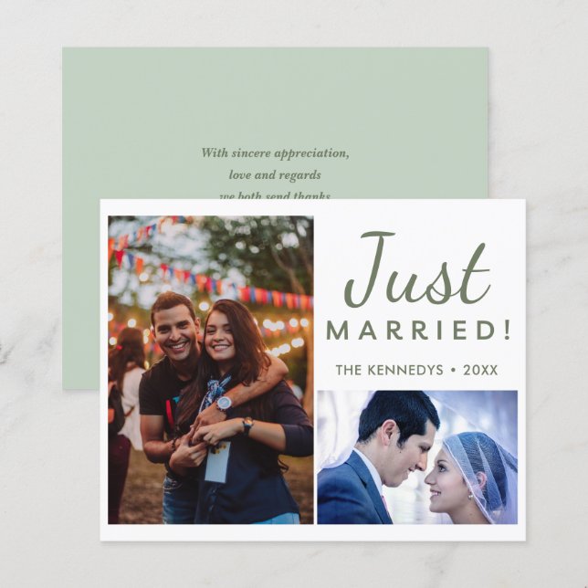 Lámina Invitación de Boda verde foto recién casada con 2 (Anverso / Reverso)