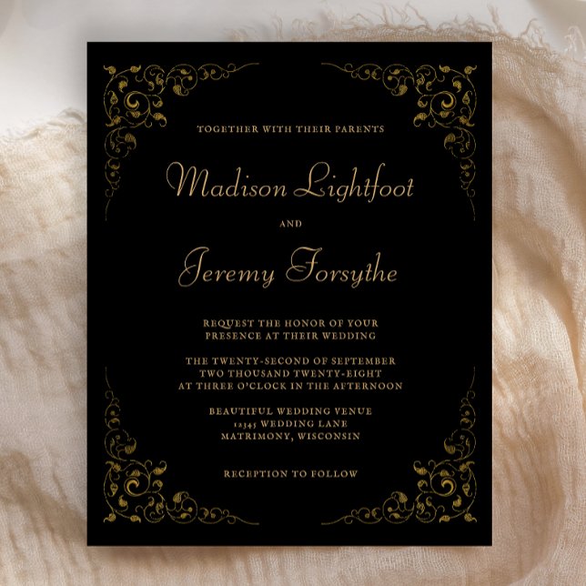 Lámina Invitación de boda vintage con follaje de oro negr (Subido por el creador)