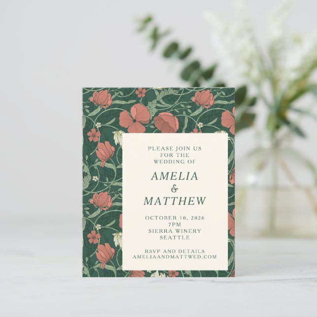 Lámina Invitación de boda vintage económica con flores rú (Anverso de pie)