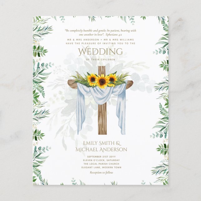 Lámina INVITACIÓN DE BODAS CATÓLICA Girasoles Cruz (Anverso)