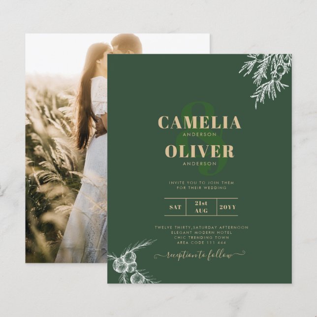 Lámina INVITACIÓN DE BODAS CON FOTO Juniper Green Moderna (Anverso / Reverso)