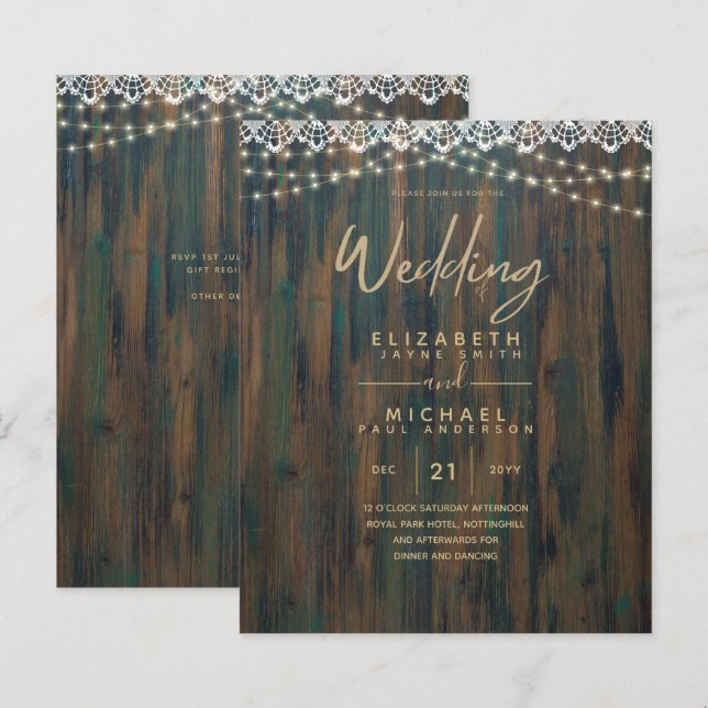LÁMINA INVITACIÓN DE BODAS CON LUMINARIAS DE MADERA RÚSTI (Anverso / Reverso)